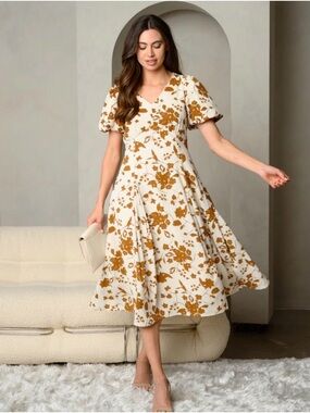 Baltic Born Cream and Brown Floral Midi Dress
